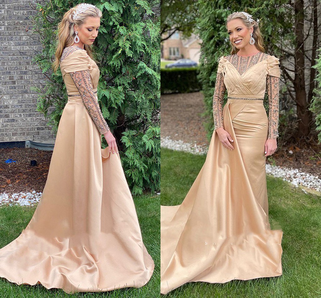 Champagne Long Sleeve Prom Dresses Luxury Beaded Crystal Overskirt Arabic Arabian Dubai Mermaid Reception Dress Evening Wear
