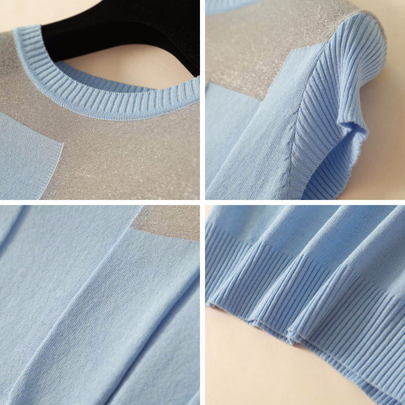 Korean patchwork Ice silk knitted sweater women o-neck short sleeve pullover fashion thin sweaters summer new arrival tops 201030wtt