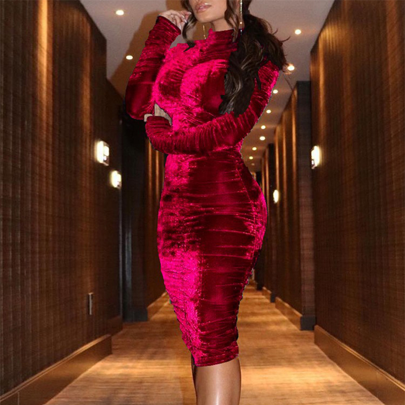OMSJ Fall Winter Velvet Ruched Elegant Party Fashion Dresses Evening Party Office Lady Dress Long Sleeve Bodycon Sexy Dress 201125