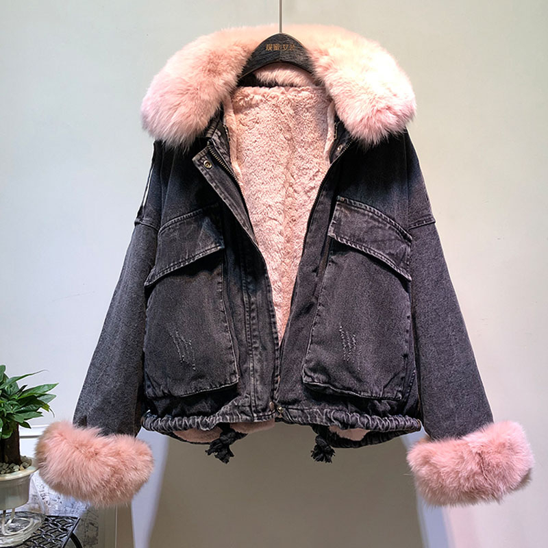Winter Thick Warm Coat Women Real fox Fur collar Denim Jacket New Korean faux Rabbit Liner Bat Sleeve Loose Female Parka T200915