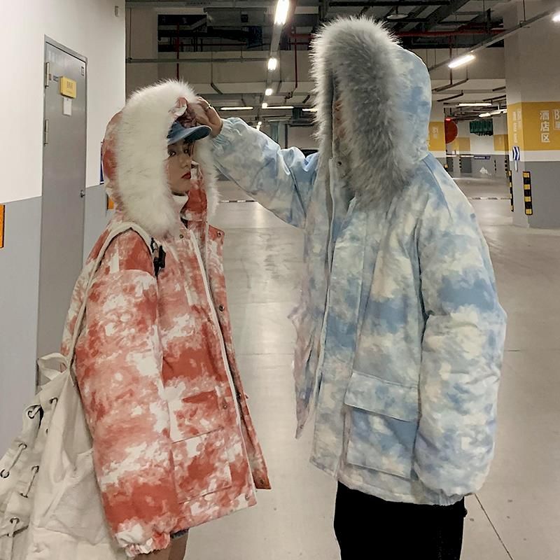fur collar tie dye winter clothes jackets for women jacket plus size clothing goth cotton tops couple coat Korean fashion 201217