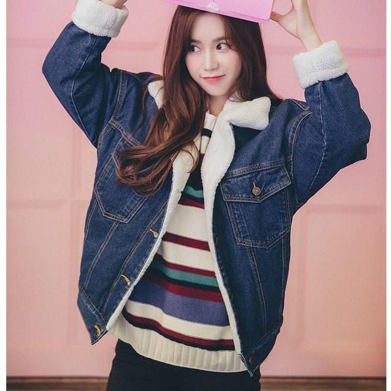 VANGULL New Winter Jacket Coat Women Fleece Liner Denim Bomber Jackets Retro Thick Autumn Elegant Fashion Autumn Coats 201019