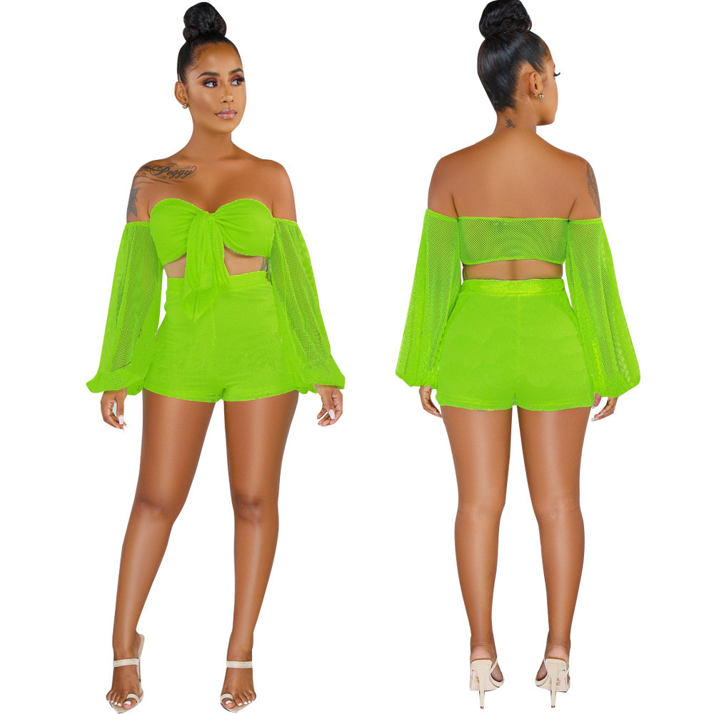 BKLD Neon Green Sexy Two Piece Sets Bodycon Club Outfits 2019 Summer 2 Piece Set Off Shoulder Mesh Crop Top Shorts Matching Sets T200623