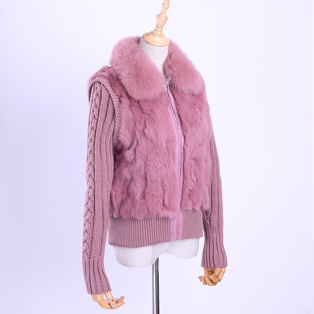 Women's Genuine Real Rabbit Fur Fox Fur Collar Knitting Sleeve Women's Winter Coat Fur Jacket Casual Short Outwear Slim 201031