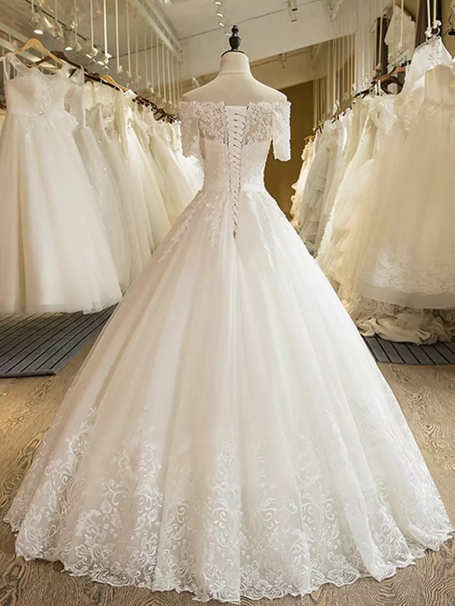 2022 Elegant Wedding Dresses Bridal Gown Lace Applique Ribbon Off the Shoulder Short Sleeves or Length Chapel Garden Vestidos De Novia Plus Size Custo