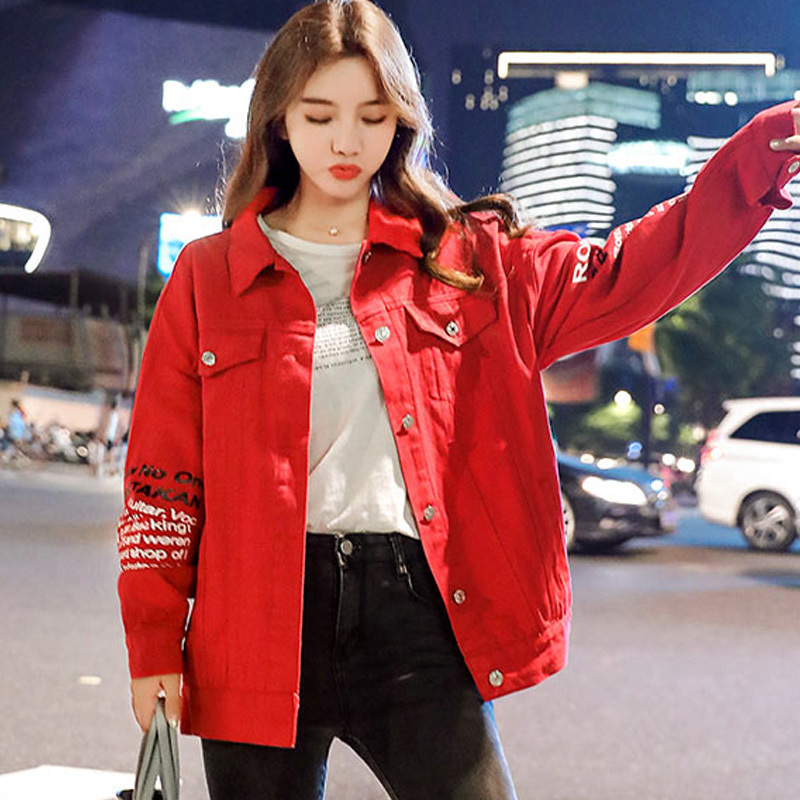 ins women coat autumn red fashion Korean style pocket letter print casual loose denim jackets female mujer bomber jacket 201026