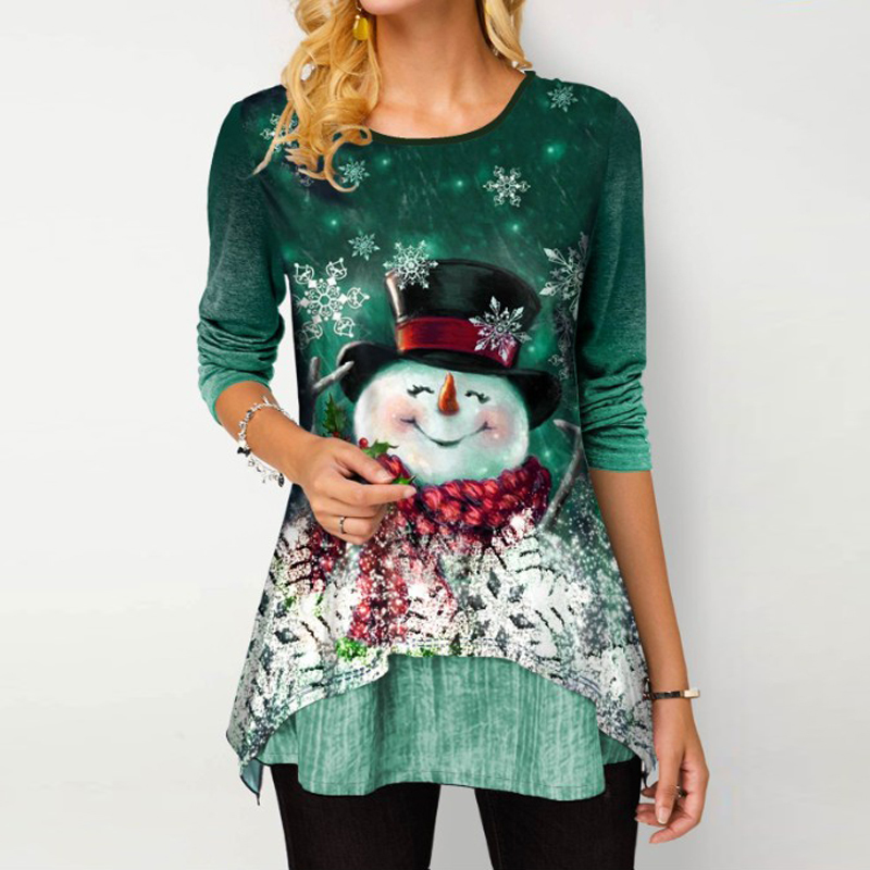 Women Christmas Blouse Shirt Plus Size Santa Claus Print Xmas Long Sleeve Tops Shirts Winter Female Roupas Feminina Lady Blouses 201201