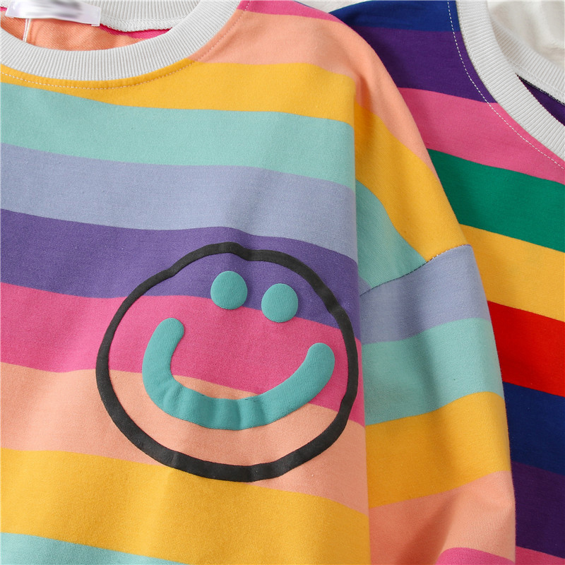 Long Sleeve O-Neck T-Shirt Women Rainbow Striped New T-Shirt Female Korean Loose Oversize Shirt Plus Size Top Fashion Casual Tee 201028