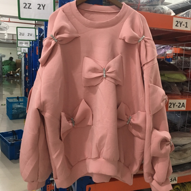 DEAT Autumn/winter New Women Casual Long Sleeve Round Neck Pullovers Bow Decoration Loose Cotton Sweatshirt RC106 201204