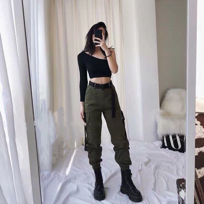 EACHIN Fashion Women Self Belted Elastic Waist Cargo Pants Female Loose Streetwear Pants Casual Plus Size Korean Style Trousers 201113