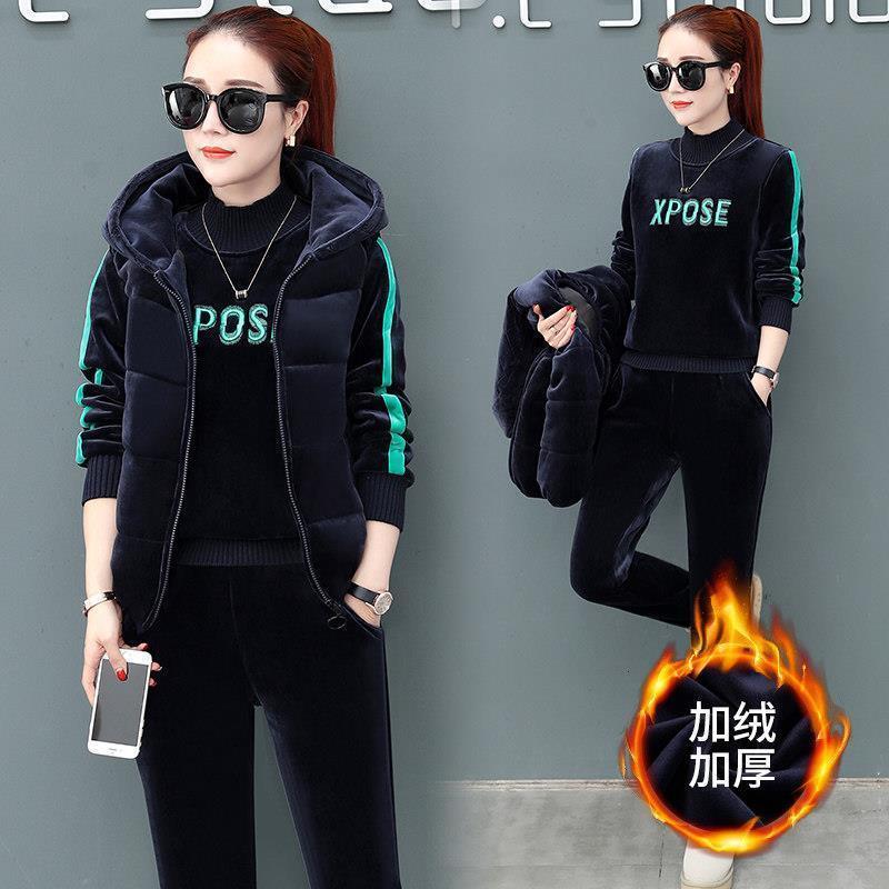 Plus size thicken zip vest sweatsuit tops pants 3 piece suit casual letter embroidery velvet tracksuit solid striped warm outfit 201119