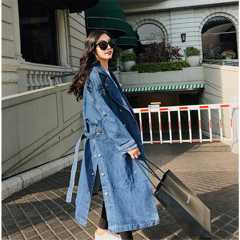 Lapel Women Loose Denim Trench Windbreaker Vintage Long Sleeve Overcoat Winter Autumn Bandage Coat mujer abrigos f1485 T200805