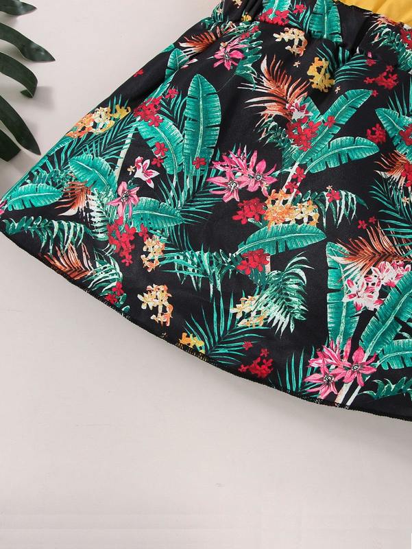 Baby Tropical Print Ruffle Trim Square Neck Dress SHE