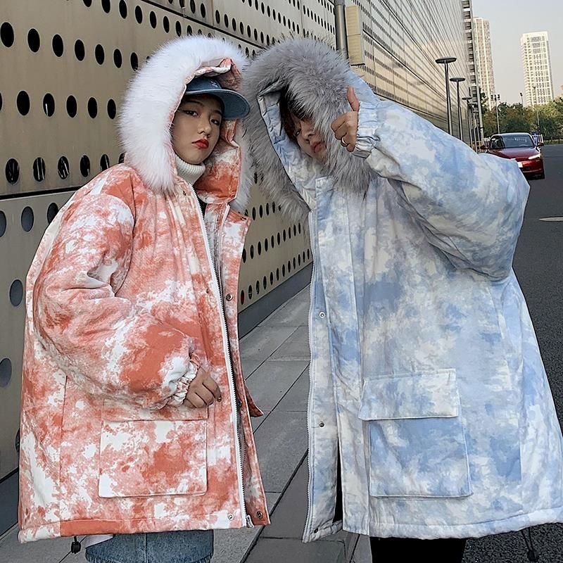 fur collar tie dye winter clothes jackets for women jacket plus size clothing goth cotton tops couple coat Korean fashion 201217