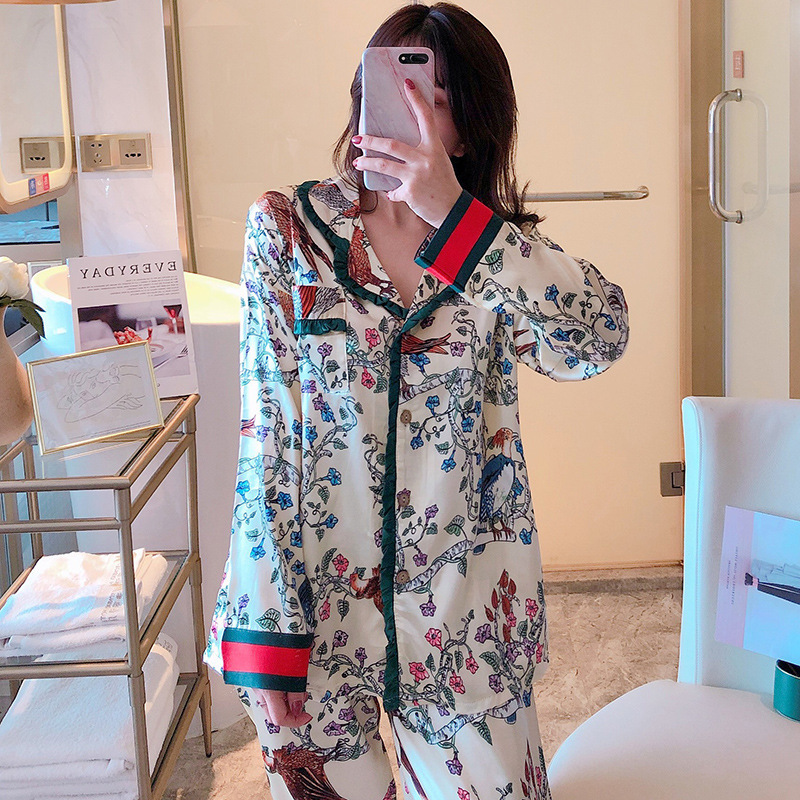 Long Sleeves Pijamas Set Summer Spring Print Pamas for Women Silk Satin Sleepwear Two Pieces Lounge Wear Pjs Home Clothes 2012174245146