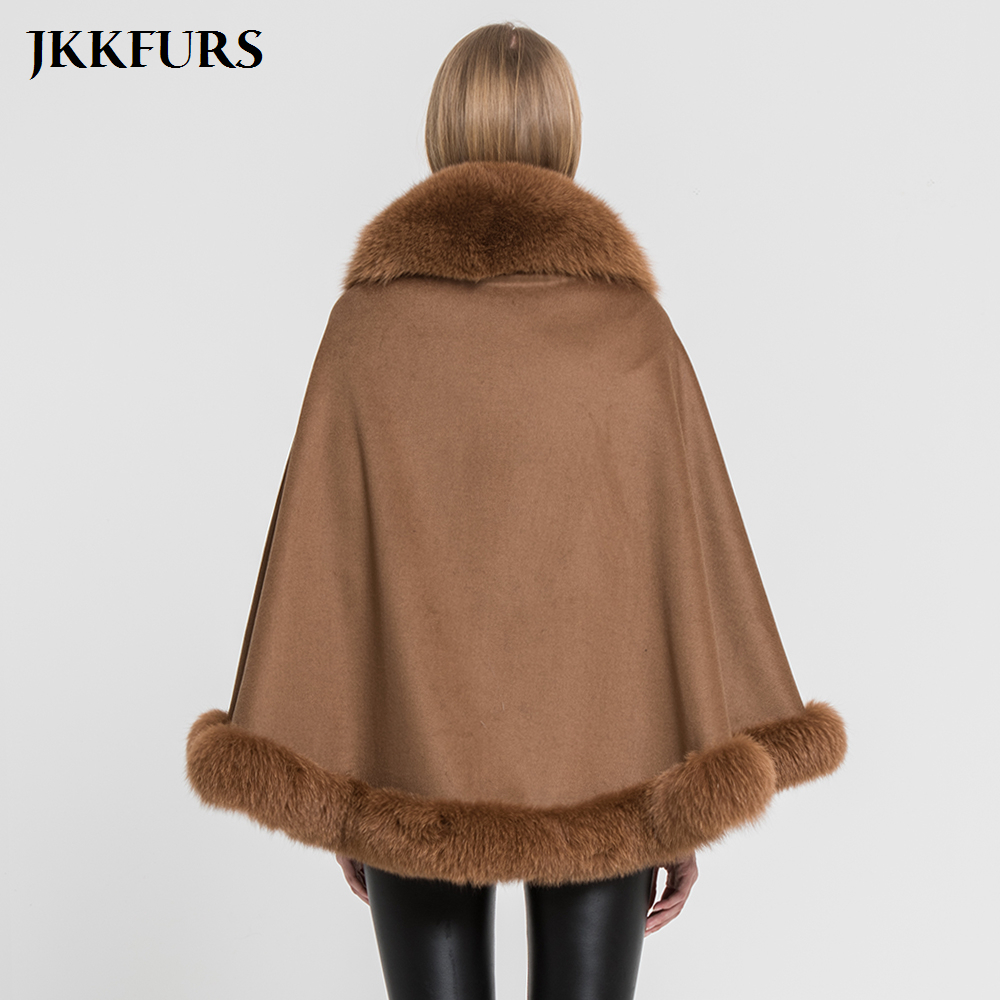 JKKFURS Women's Poncho Genuine Fox Fur Collar Trim & Cashmere Cape Wool Fashion Style Autumn Winter Warm Coat S7358 201103
