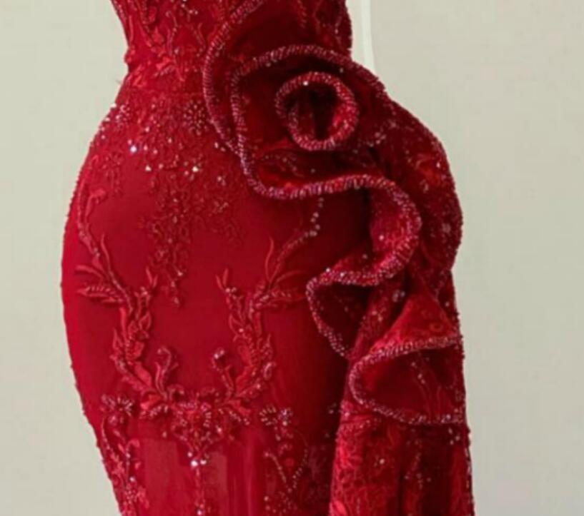 arabic aso ebi red luxurious mermaid evening dresses sheer neck prom dresses lace beaded formal party second reception gowns zj493