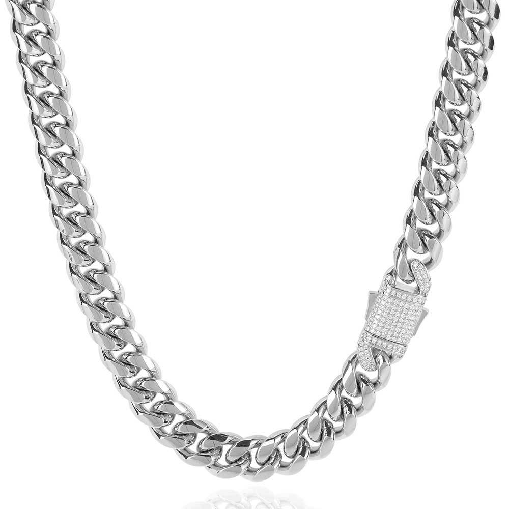 Hip Hop Titanium Steel Polished Miami Necklace Set with Zircon Spring Buckle Stainless ound Polished Cuban Chain