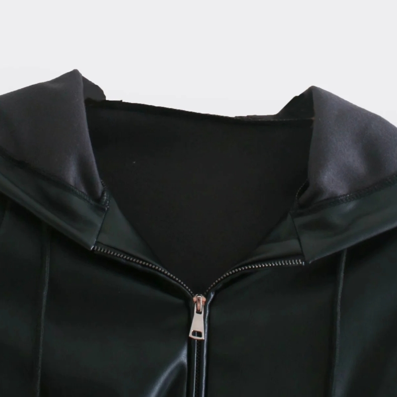 Women Shoulder Pads PU Leather Hoodie Short Coat Female Long Sleeve Outerwear Casual Lady Loose Tops C992 201029