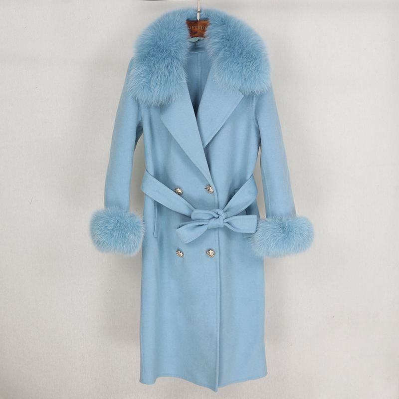 OFTBUY Double Breasted Cashmere Wool Blends Real Fur Coat Winter Jacket Women Natural Fox Fur Collar and Cuffs Streetwear 201103