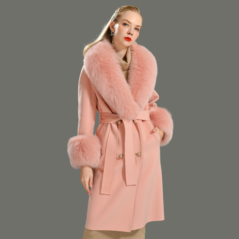 Wool Coat Women Pied De Poule Natural Fox Fur Collar Cashmere Wool Blends Long Outerwear Ladies Streetwear 201222