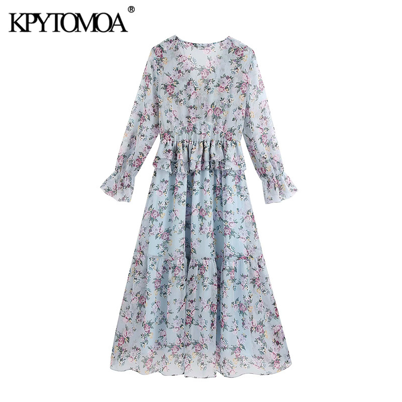 Women Chic Fashion Floral Print Ruffled Midi Dress Long Sleeve See Through Female Dresses Vestidos Mujer 210420