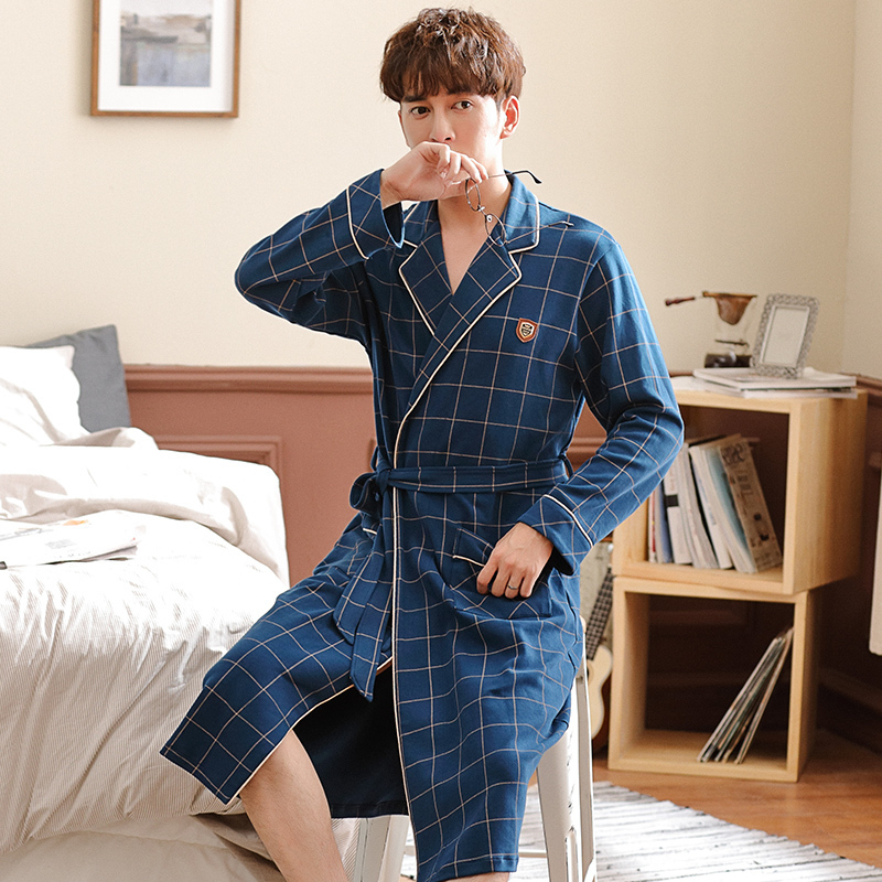 Spring Autumn Bathrobe Men 100% Cotton sleep top Kimono Robes For Male Plaid Robes Long Bath Robe Bride Robe Dressing Gown 201111