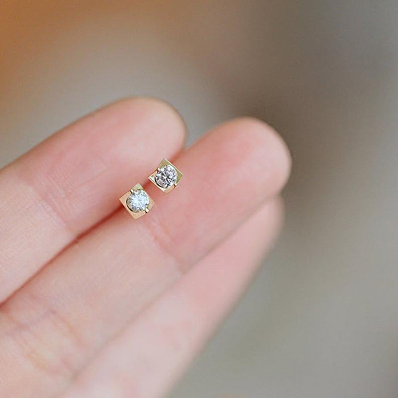 Stud Goldtutu 9k And 14k Solid Gold 1earrings Unique Crystal Mini Unisex Jewelry