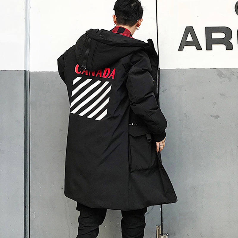 Winter Men's Long Coat fashion Thick warm slim Casual hooded jackets Long sleeve printed high quality cotton jacket black T200102