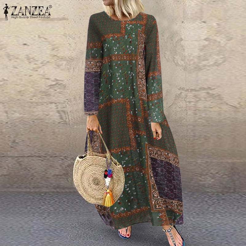 Vintage Printed Maxi Dress Women's Sundress ZANZEA Casual Long Sleeve Tunic Vestidos Female O Neck Bagyy Robe Plus Size 5XL T200613