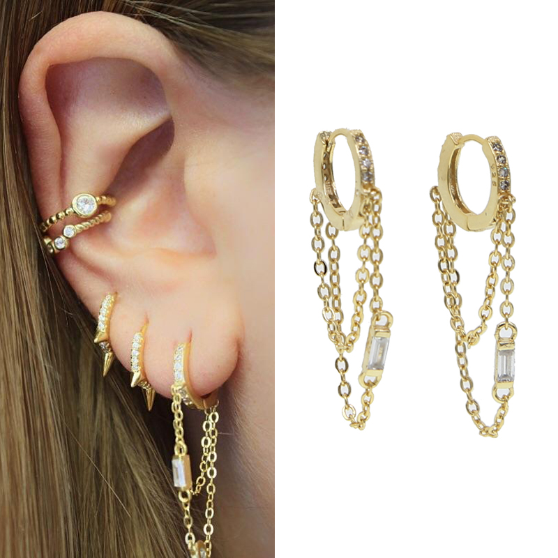 tassel chain earring with cz mini hoop gold plated fashion european women ladies gorgeous fashion trendy earrings jewelry