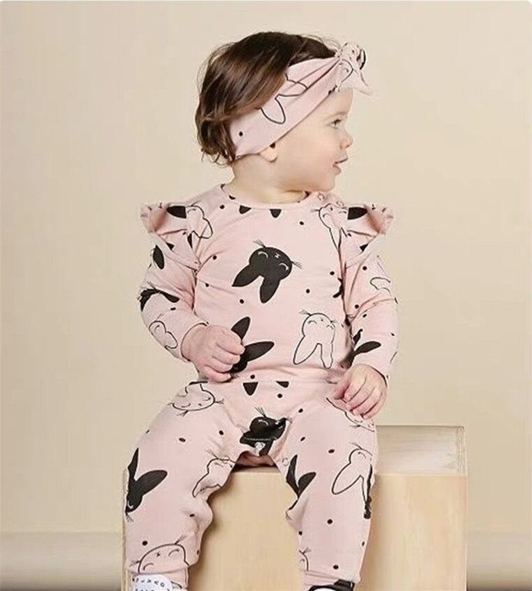 Newborn Baby Girls Romper Cartoon Rabbit Pattern Cotton Long Sleeve Jumpsuit+Headband Infant 2Pcs Toddler Clothes Set 201028