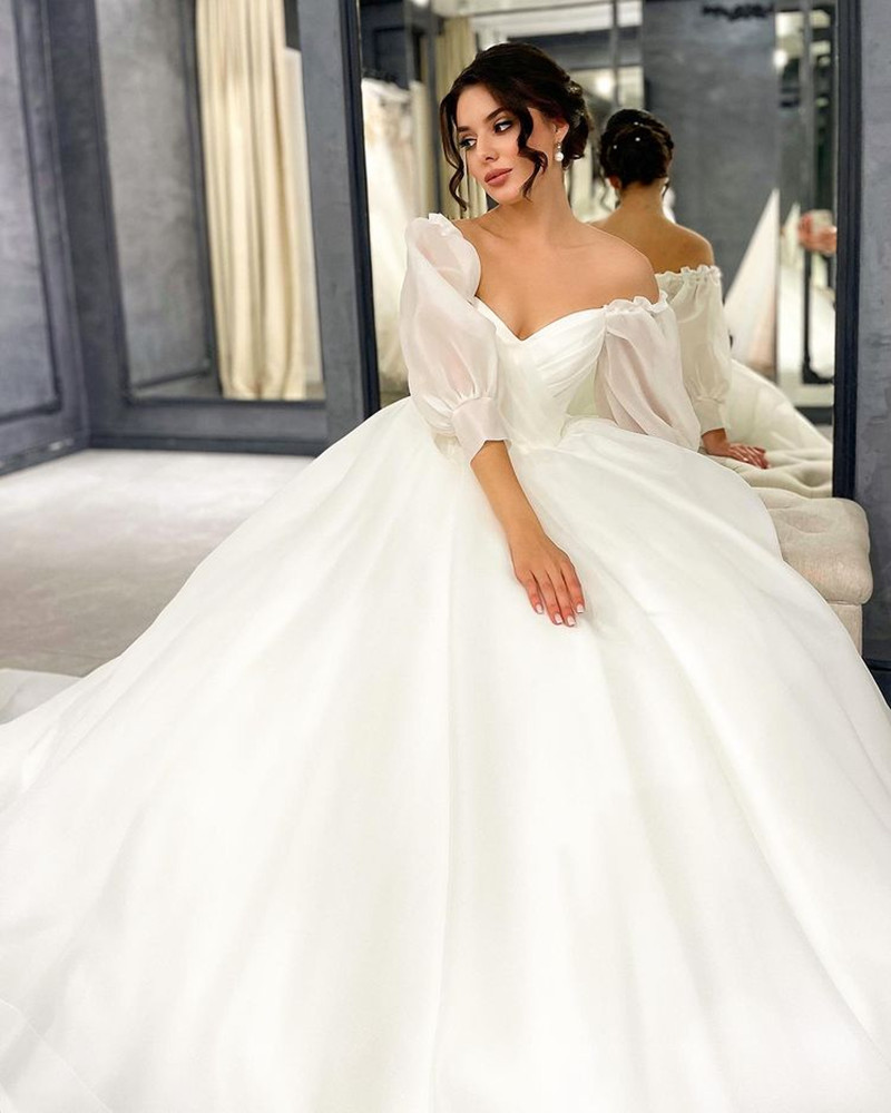 Boho Sexy Puff Sleeves Strapless Wedding Dress Sweetheart Sweep Train Custom Made Princess A eBridal Dresses Vestido De Novia