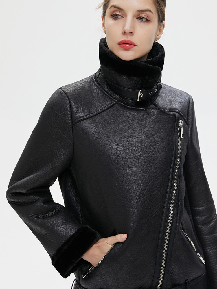 Fitaylor Women Winter Faux Lamb Leather Jacket Turndown Collar Warm Thick Faux Leather Lambs Wool Fur Collar Suede Jacket Coats 201226