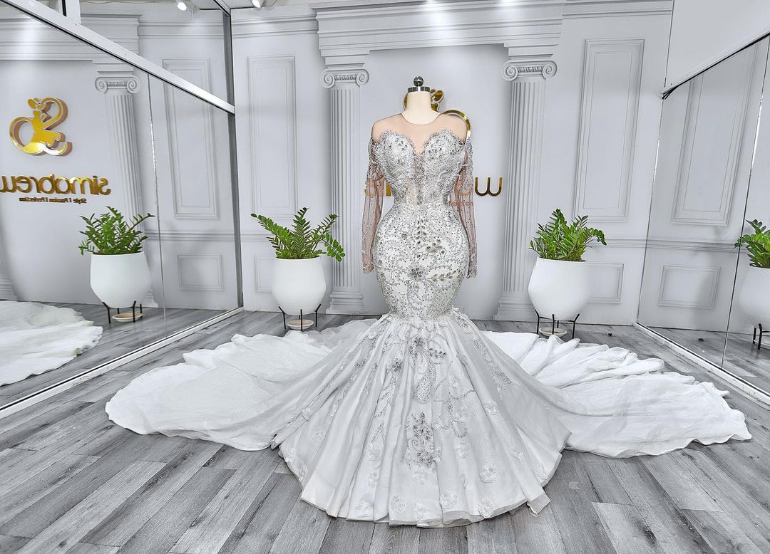2022 Plus Size Arabic Aso Ebi Luxurious Mermaid Sexy Wedding Dress Beaded Crystals Sparkly Bridal Gowns Dresses ZJ214