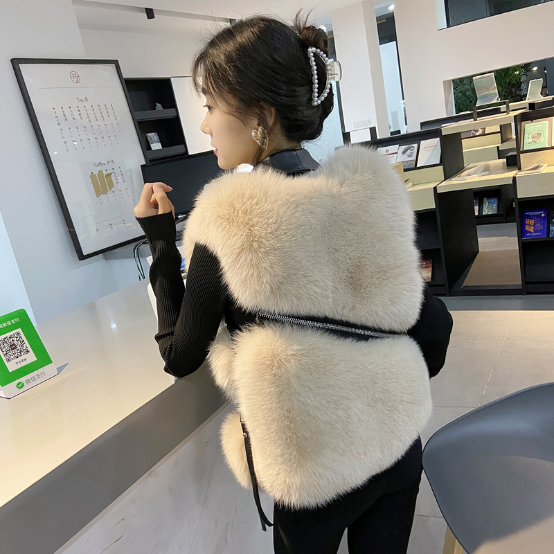 2020 new design womens turn down collar PU leather patchwork faux fur zipper decoration sleeveless short vest coat casacos
