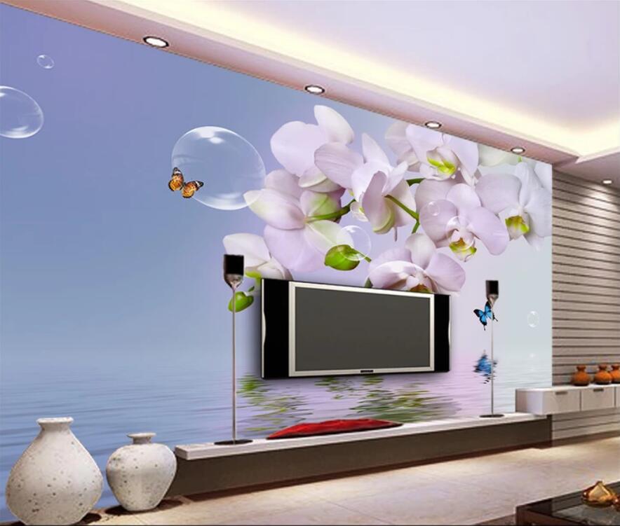 Custom large wallpaper 3d mural dreamy butterfly orchid bubble orchid reflection TV background wall papers home decor