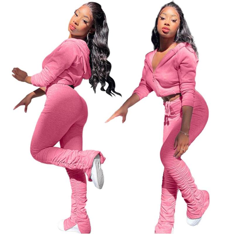 Women's Winter Tracksuits Sets: Crop Hoodies+Stacked Pants Suits (Color And Material Details) B4