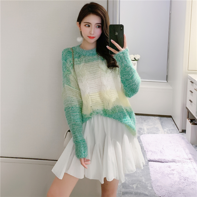 Rainbow Gradient Color Long sleeves Loose Oversized Sweater Spring Knitted Sweaters Thin Women Sweaters And Skirts 1623A 201221