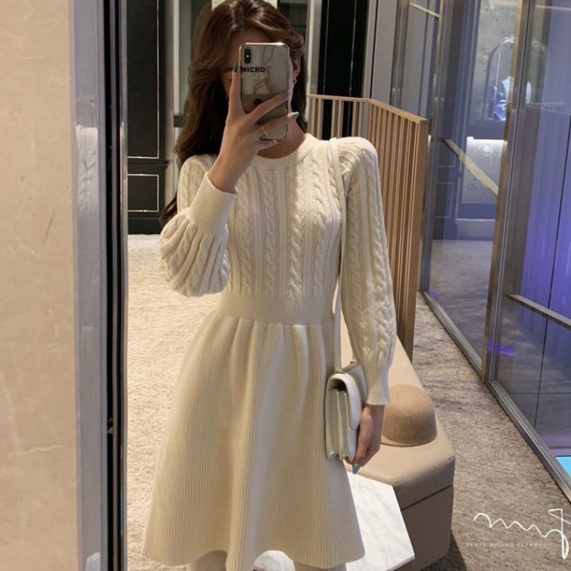 FIORDS Korean Chic Brown Winter Knitted Ladies Dresses Stretch A Line Vintage Christmas Dress Warm Long Sleeve Sweater Dress LJ201204