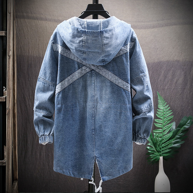 Denim Trench Coat Long Plus Size Hooded Windbreaker Mens Autumn Winter Loose Casual Jacket Fashion Manteaux Men Coats KK60FY 201128