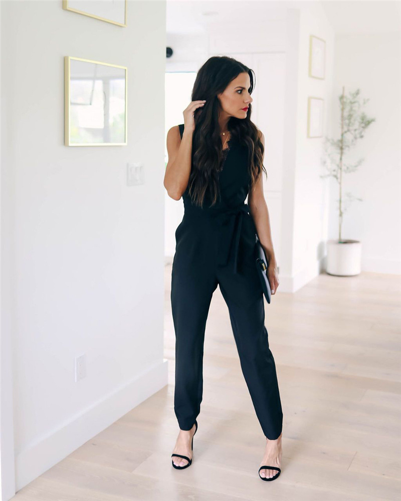 Fashion Lace Women Jumpsuit With Belt Sleeveless Summer New Casual Vneck Solid Women Black Jumpsuits Fashion Female Pants T200509