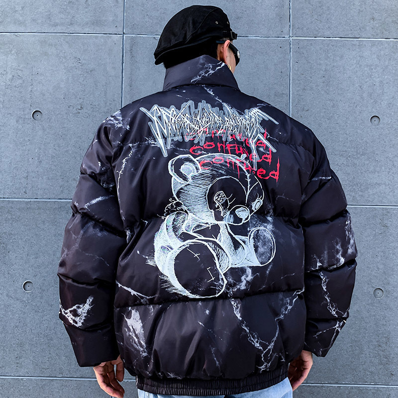 Hipster Down Jacket Cartoon Bear Print Parka Harajuku Streetwear Windbreaker Winter Coat Men Clothes 201214