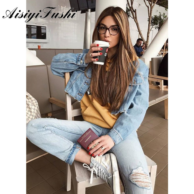 AISIYIFUSHI Boyfriend Style Cropped Jean Jacket Women Summer Blue Denim Jacket Longsleeved Womens Jackets Coats for Spring T200113