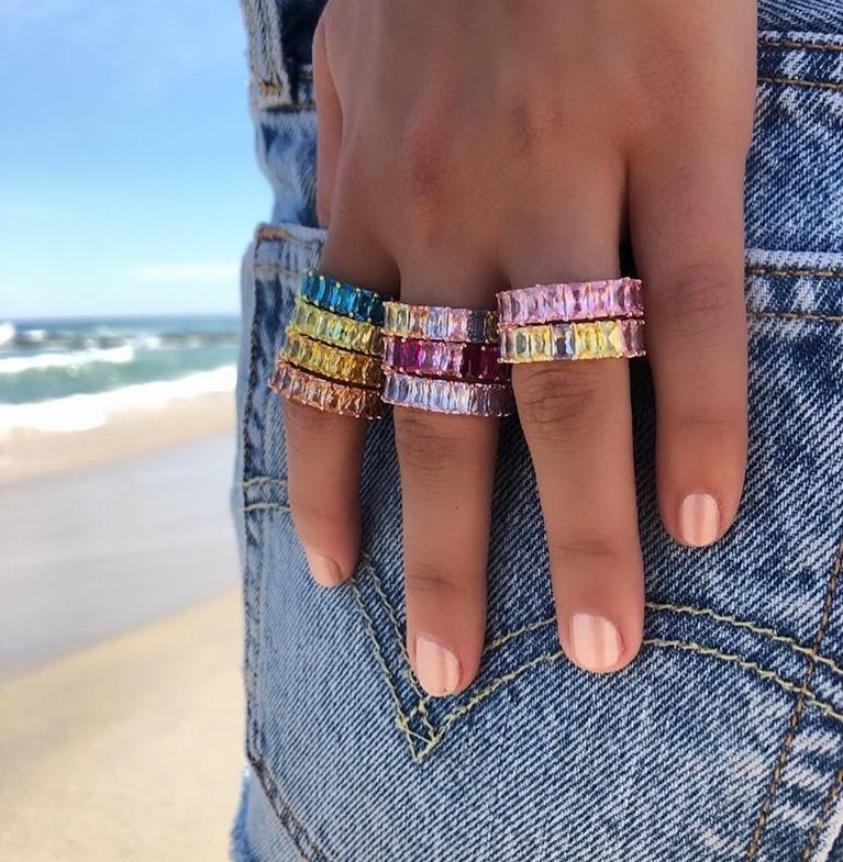 2024 Colorful Fashion Jewelry Pink Pinky Pastel Rainbow Baguette Cz Eternity Ring Engagement Band Rings 5 6 7 8 9 Wholesale