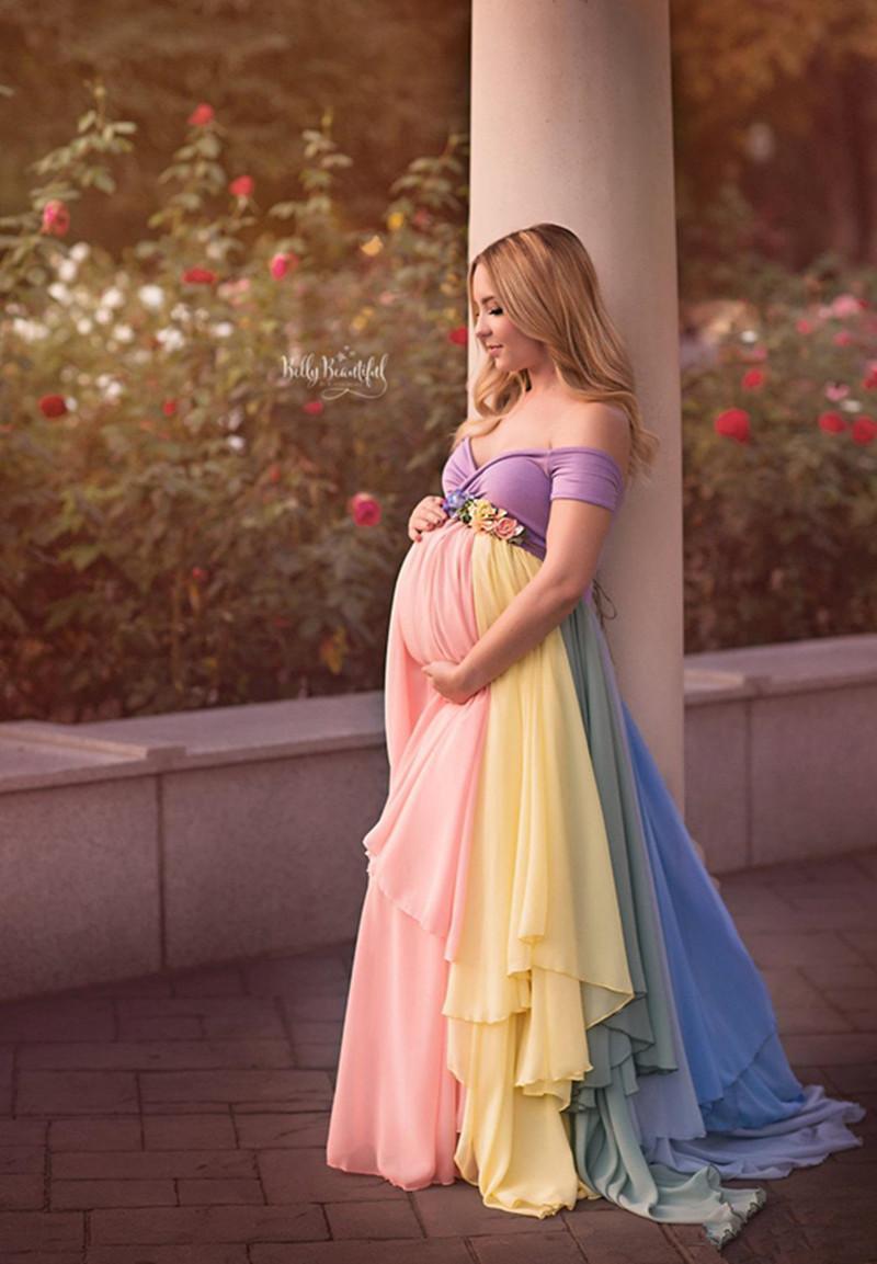 Romantic Maternity Colorful Chiffon Evening Dresses Off The Shoulder V Neck Plus Size Prom Dress For Pregnant Woman Custom Made Celebrity Party Gowns
