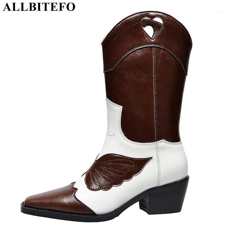 

ALLBITEFO fashion genuine leather thick heel ankle boots for women high heels cowboy boots party women girls shoes1, As picture