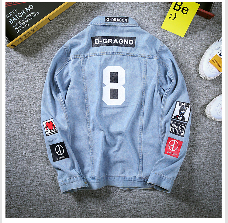 Men Stylish Loose Denim Jacket Cowboy Slim Fit Bomber Outwear Jacket Denim Coat Clothing Men's Jean Jacket Hip Hop Print Coat 201127