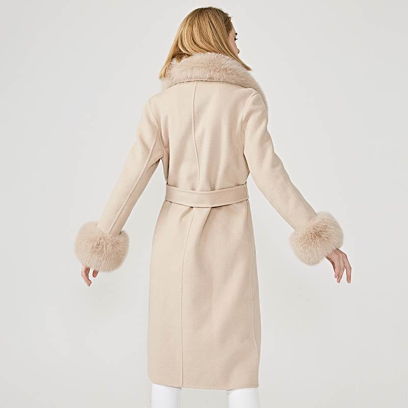 Women's Wool Coat Spring Real Fox Fur Collar Woolen Jacket Adjustable Waist Slim Ladies Long Overcoat 201222