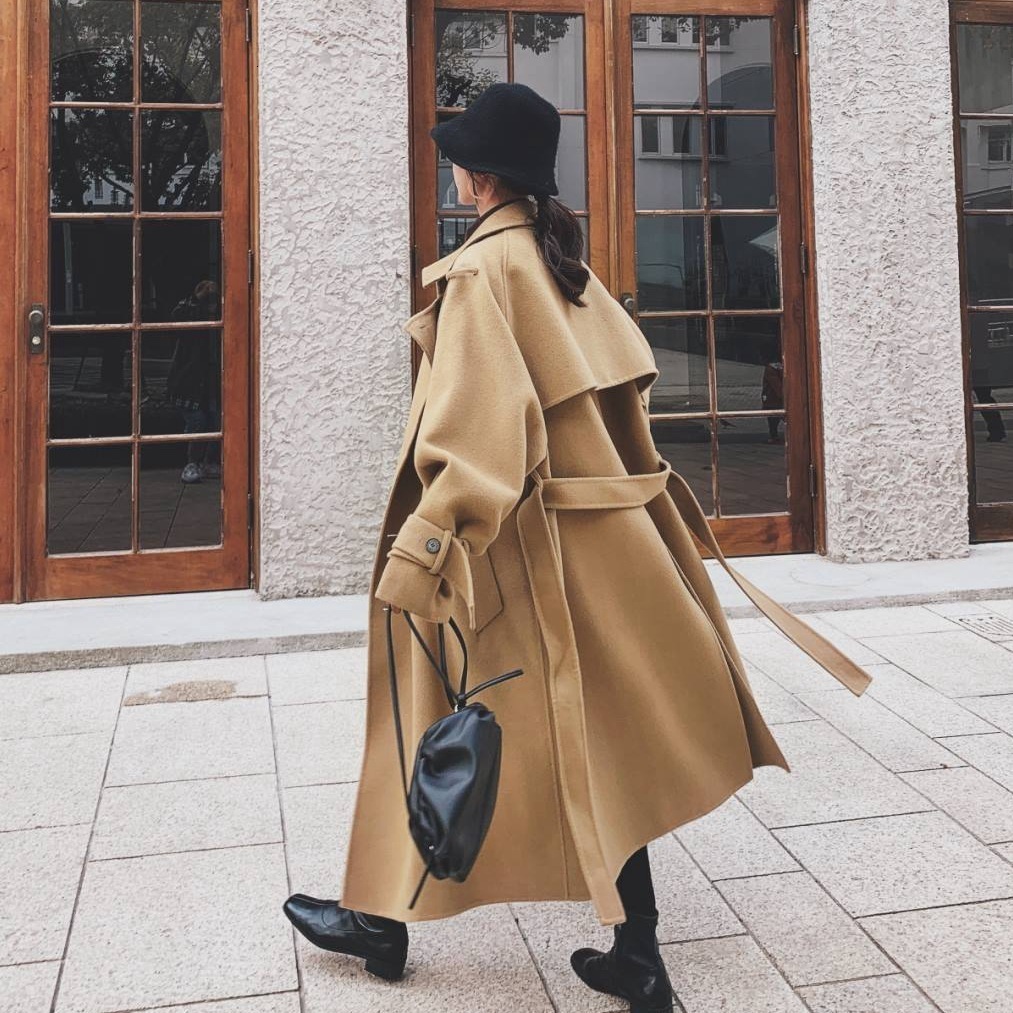 Khaki Wool Long Coats For Women Winter Solid Cashmere Coat Warm Woollen Cloak Overcoat Korean Outerwear Sashes Surcoat Y201006